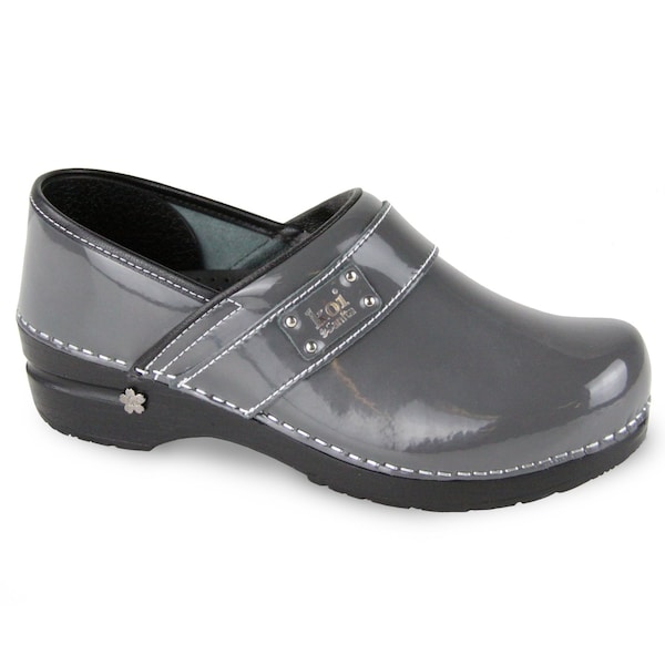 Women's Closed Back Clog, Patent Leather Upper, Polyurethane Outsole, Steel, Size 11.5-12 M